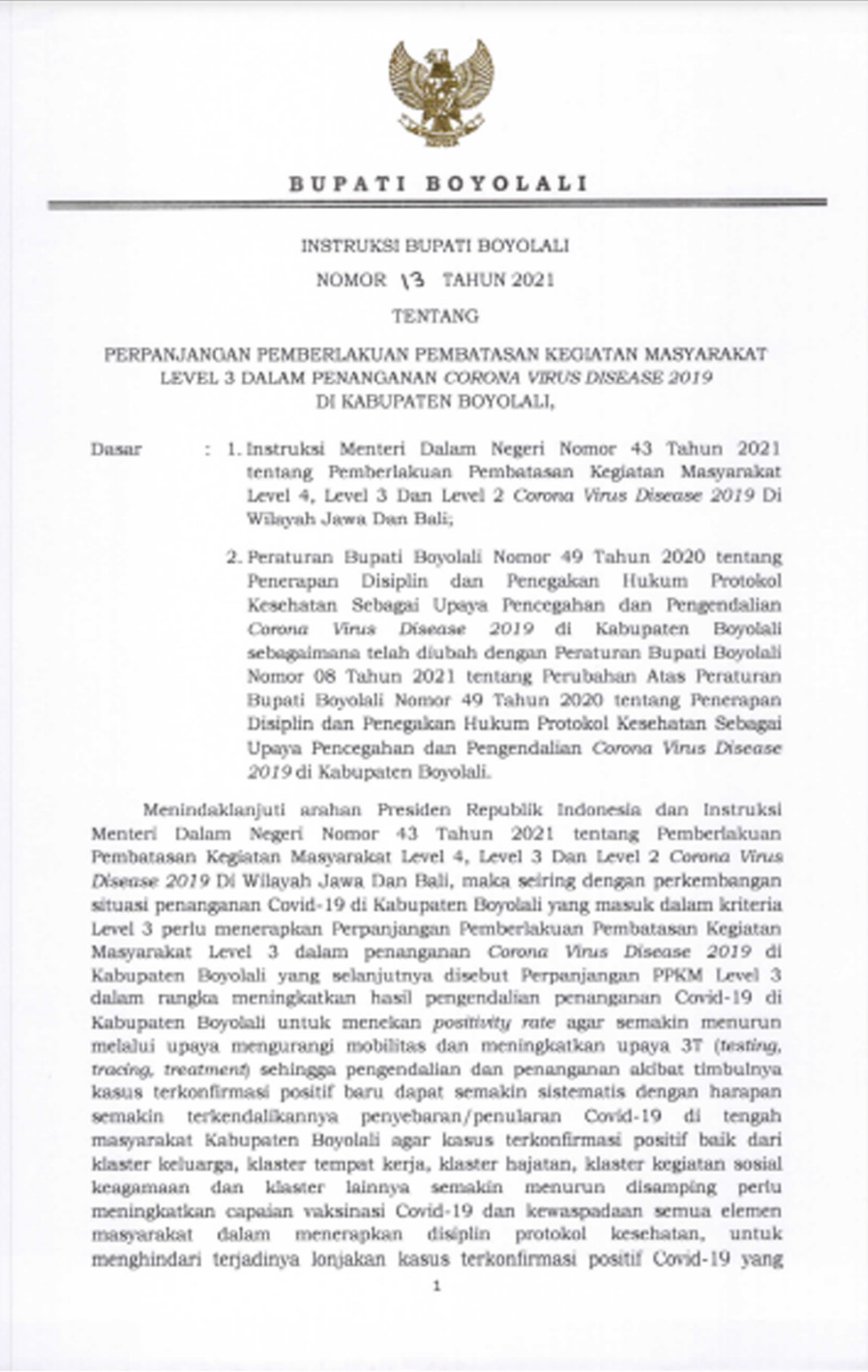 INSTRUKSI BUPATI NO 13 PERPANJANGAN PPKM LEVEL 3 21 SEPTEMBER - 4 OKTOBER